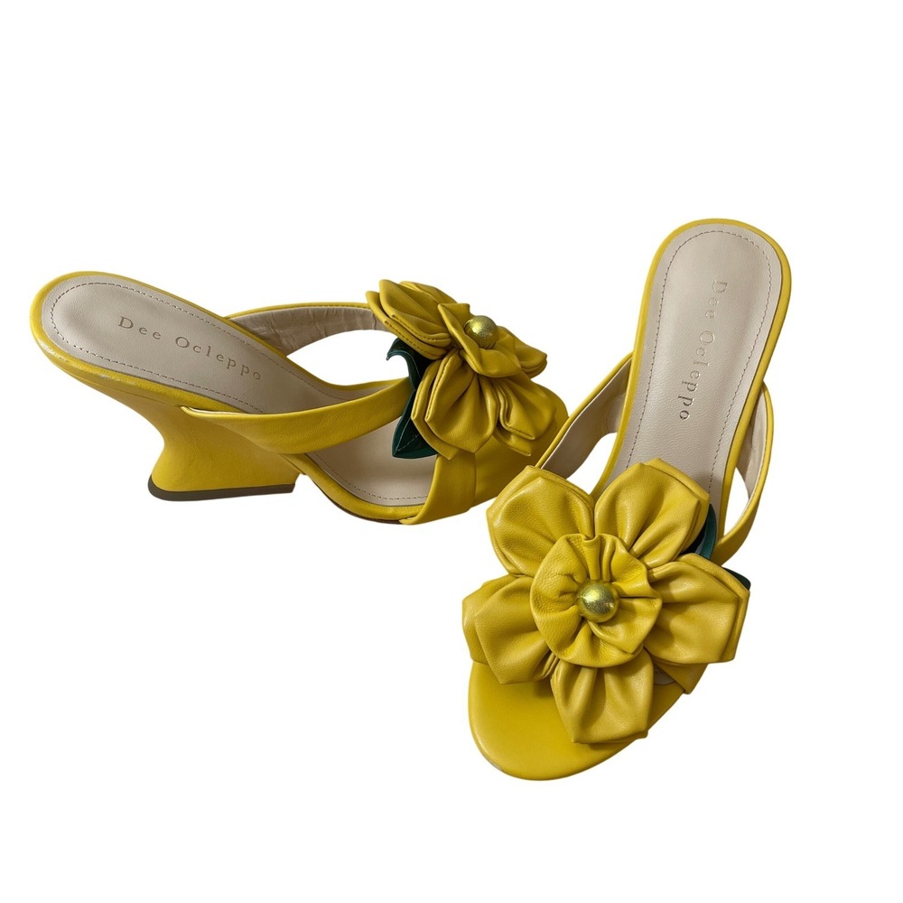 Dee Ocleppo Yellow Leather Flower Wedge Mules Slides Sandals Women's Size 6 New